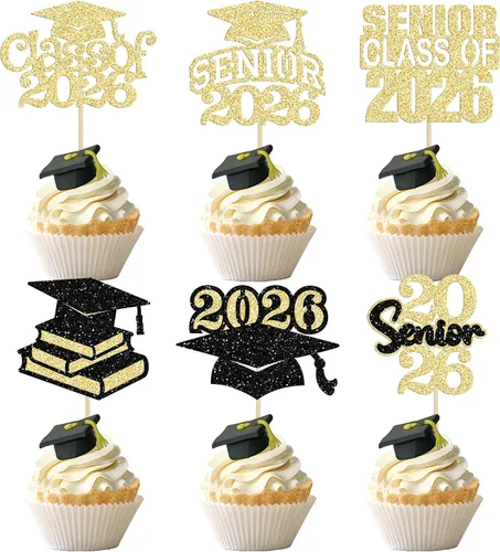 Vista 17 de Paquete de 24 adornos para cupcakes de clase 2026 con purpurina 2026 Felicidades Graduación Diploma Done Cupcake Picks 2026 Graduación Temática