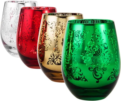 Vista 9 de MyGift Copas de vino modernas de 14 onzas sin tallo de vidrio azul iridiscente con borde en ángulo, cristalería transparente con tinte de brillo