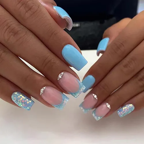 Vista 15 de 24 uñas postizas cuadradas de color negro brillante, de cobertura completa, con diseños de notas musicales, uñas postizas acrílicas con pegamento