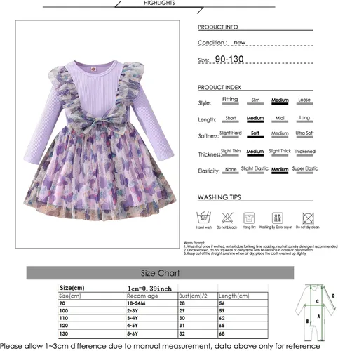 Vista 8 de Camidy Vestido de manga larga para niña pequeña, con volantes, estampado de mariposa, lazo, tutú para fiesta casual, vestido de princesa de 2 a 6
