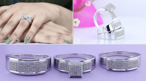 Vista 3 de Dazzlingrock Collection 0.65 quilates (ctw) - Conjunto de boda de novia de tres diamantes blancos redondos para hombres y mujeres, color plata