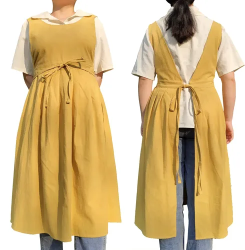 Vista 10 de Delantal plisado vintage para mujeres y niñas, cuello en V, para jardinería, de algodón, vestido de pinafore Verde