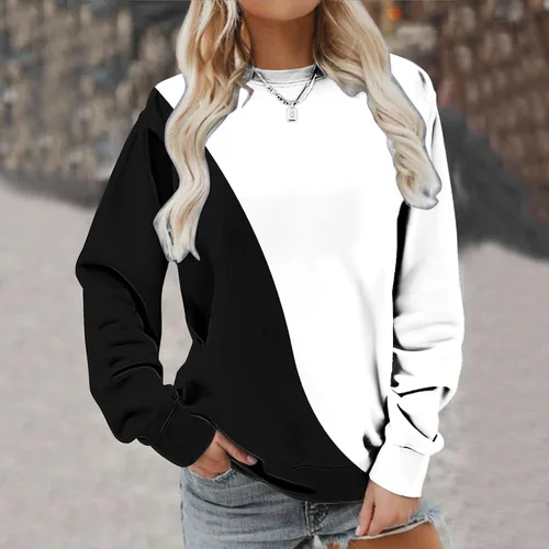 Vista 4 de Ceboyel Sudaderas de cuello redondo para mujer, 2023, bloque de color, sin botones, camisas de manga larga, ajuste holgado, ropa de moda de otoño