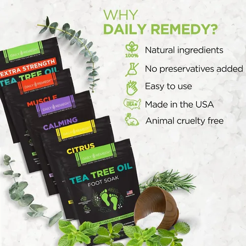 Vista 6 de DAILY REMEDY Sales de remojo para pies, paquete variado de 4 unidades, aceite de árbol de té, alivio muscular, lavanda calmante y remojo