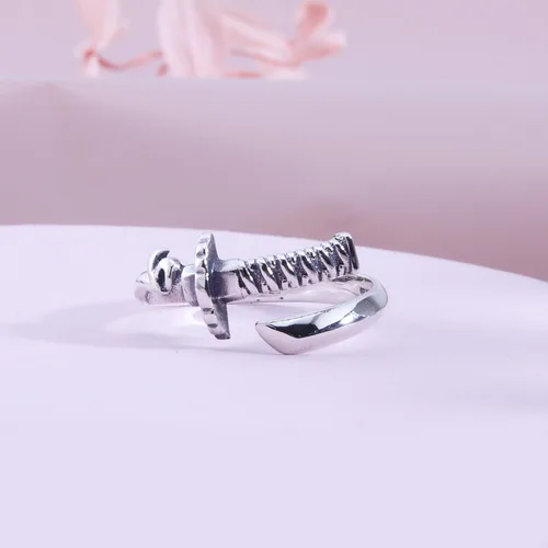 Vista 2 de Helen de Lete Anillo ajustable de plata de ley 925 con espada vintage para hombre, Plata de ley