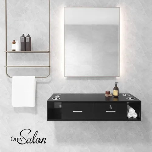 Vista 3 de OmySalon Estación de estilo de montaje en pared para estilista, equipo de peluquería de belleza, estación de gabinete de salón con cajones de Negro