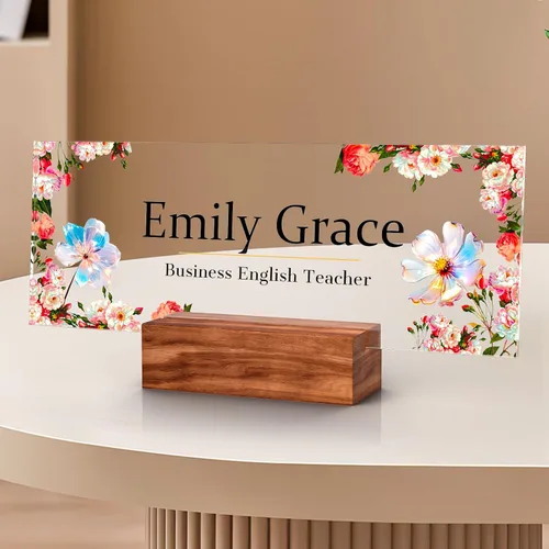 Vista 13 de Placa de identificación personalizada para escritorio, decoración de oficina de acrílico transparente con diseño de flores, decoraciones