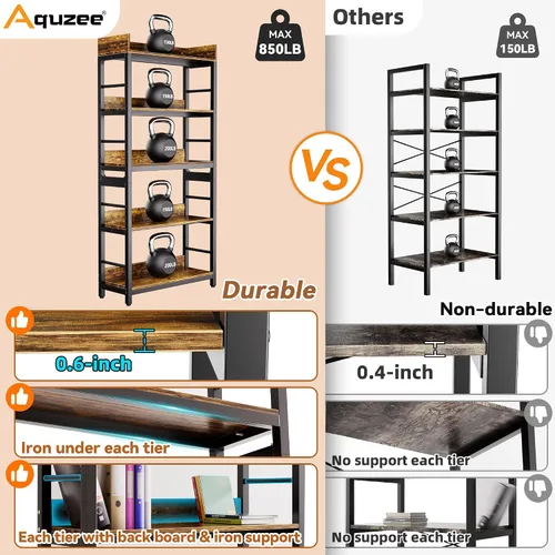 Vista 4 de Aquzee Librería, 66 "H 5-Tiers Heavy Duty Industrial Estantería de Madera y Metal, Rústica y Negro Unidades de Estante Alto para el Hogar, Oficina