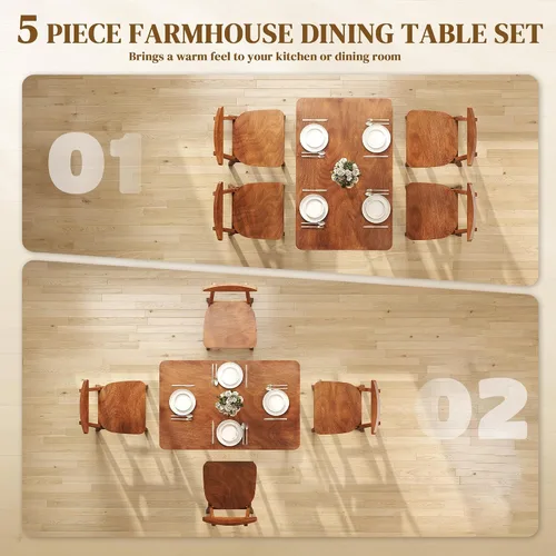 Vista 3 de HOMCOM Juego de mesa de comedor de madera maciza de 5 piezas para 4, mesa de cocina y sillas modernas de granja para espacios pequeños, comedor
