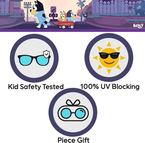 Vista 6 de Bluey - Lentes de sol para niños pequeños, cómodos lentes de sol Bluey con protección UV, tamaño pequeño con funda de transporte suave, accesorios