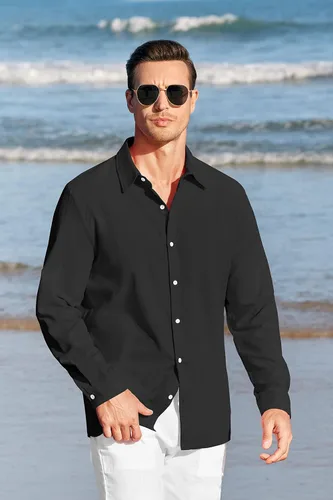 Vista 2 de Camisas de manga larga con botones para hombre, de lino, para playa, casuales, de algodón, ligeras, para verano