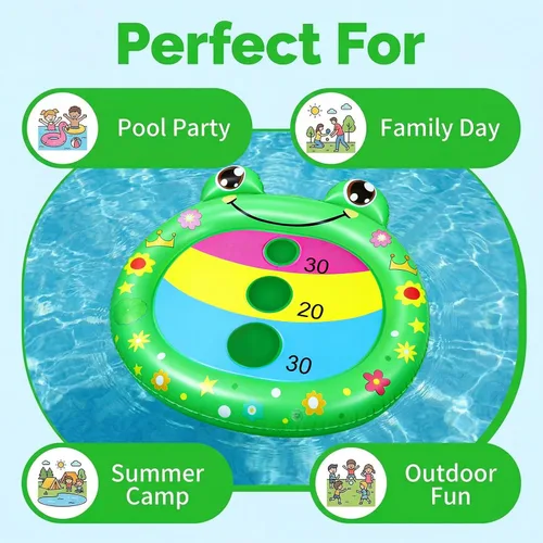 Vista 3 de Divertidos juguetes de piscina para niños, paquete de 2 tablas inflables de cornhole de rana flotante, juego de natación al aire libre para adultos