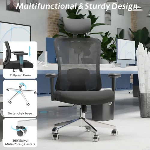 Vista 5 de Silla de oficina ergonómica, silla de escritorio de malla con reposacabezas ajustable y reposabrazos 2D, sillas de computadora con soporte lumbar