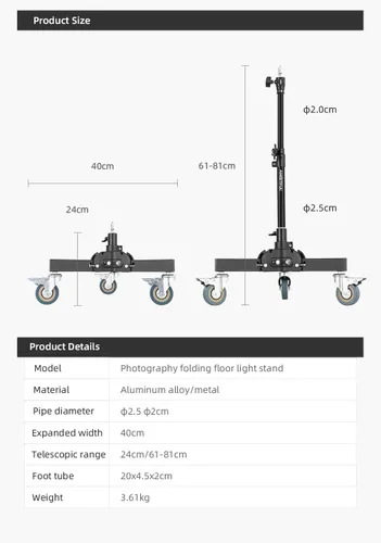 Vista 3 de AMBITFUL Soporte de luz resistente con ruedas, soporte de trípode de fotografía de 21 a 31.9 pulgadas con diseño plegable de altura ajustable y 3