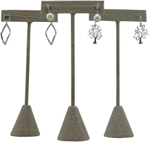 Vista 2 de 3 Gris Elegante Lino 5.75 "Pendientes T Stand Display, Soporte en forma de T para feria comercial, negocio en casa, promoción, o simplemente