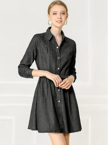 Vista 3 de Allegra K Vestido de mezclilla para mujer con botones plisado acampanado acampanado