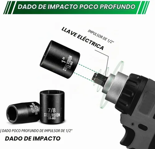 Vista 6 de Steel Vision Tools Juego de 13 piezas de 1/2 pulgada SAE de impacto con unidad de enchufe profundo Acero cromo-molibdeno EncHUFES de impacto