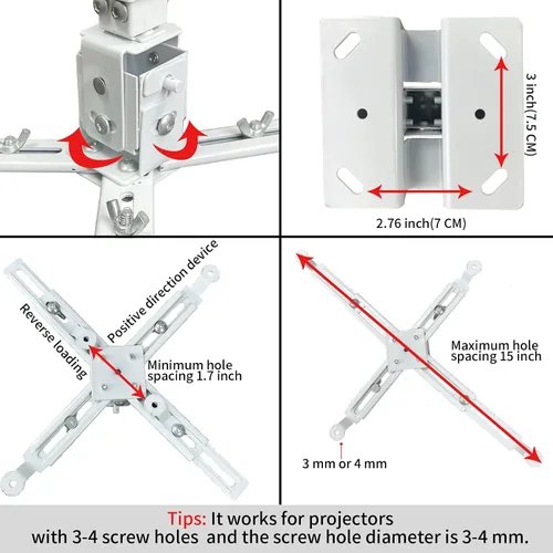 Vista 4 de Soporte de montaje para proyector de pared o techo con altura ajustable y soportes de brazos extensibles para proyector de hogar y oficina