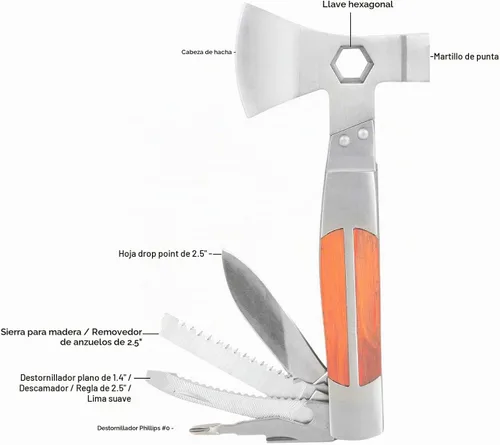 Vista 3 de Sheffield 12301 Camper - Herramienta múltiple de cabeza de hacha 12 en 1, hacha, martillo, destornilladores, escalador de pescado, llave hexagonal