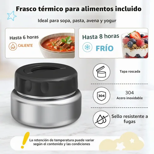 Vista 3 de Lonchera Bento para niños con contenedor térmico de alimentos (9 onzas), lonchera de 4 compartimentos, divisor ajustable, lonchera Bento a prueba