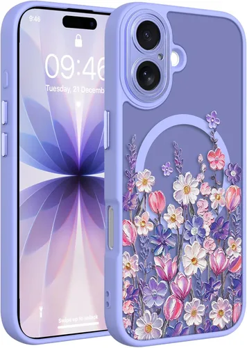 Vista 119 de Magnético para iPhone 13 con protector de pantalla [Compatible con MagSafe] Diseño de patrón floral de flores bonitas, funda delgada a prueba