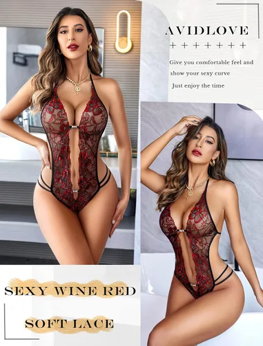 Vista 2 de Avidlove - Body de lencería de una pieza para mujer, diseño de encaje sexy con escote en V profundo, baby doll, tallas XS a XXXL
