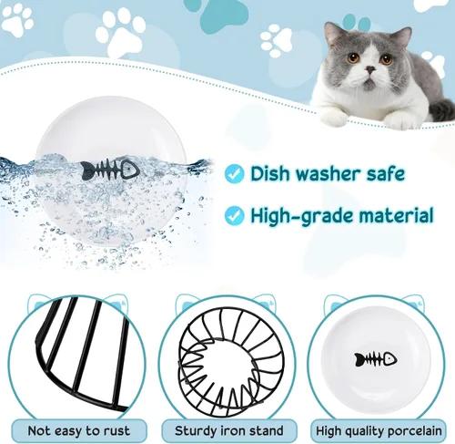 Vista 4 de Roshtia 4 juegos de cuencos elevados de cerámica para gatos con soporte de metal, platos aptos para lavavajillas, platos elevados antideslizantes