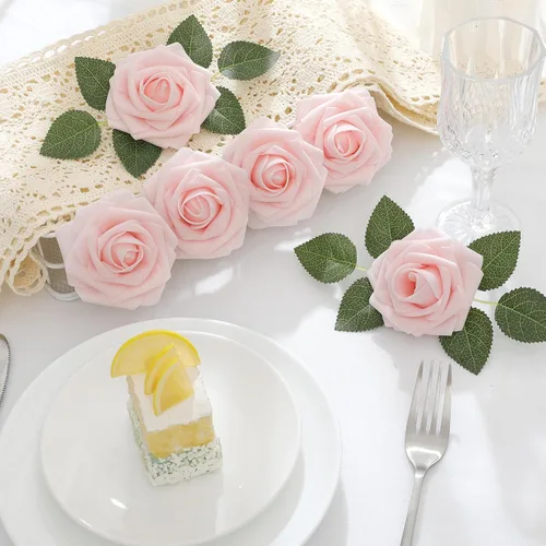 Vista 5 de DerBlue 60 rosas artificiales de aspecto real, rosas artificiales de espuma para decoración de bodas, arreglos, fiestas, decoración del hogar