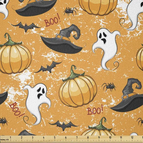 Vista 135 de Ambesonne The Yard, tela de calavera colorida con temática de Halloween, diseño de calavera y huesos cruzados, divertido estampado de dibujos