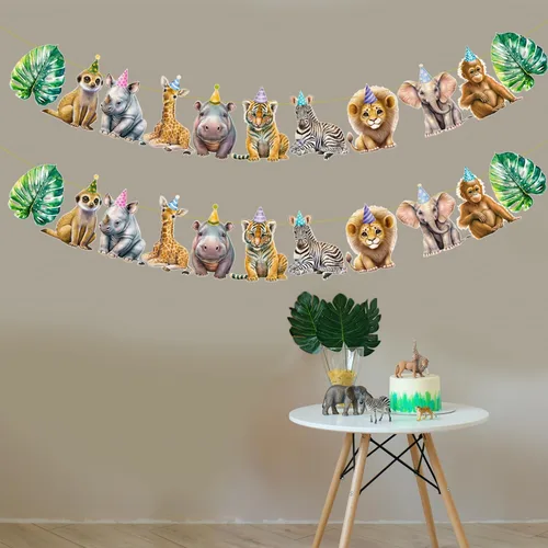 Vista 8 de Pancarta de animales de safari, 2 unidades, banderines recortados para fiesta de selva, carteles colgantes con temática de safari, decoraciones