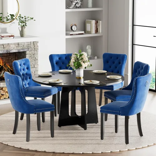 Vista 43 de Mesa de comedor redonda estilo granja para 6, mesa de cocina circular de 47" MDF con acabado de grano de madera, mesa de cocina y comedor de madera