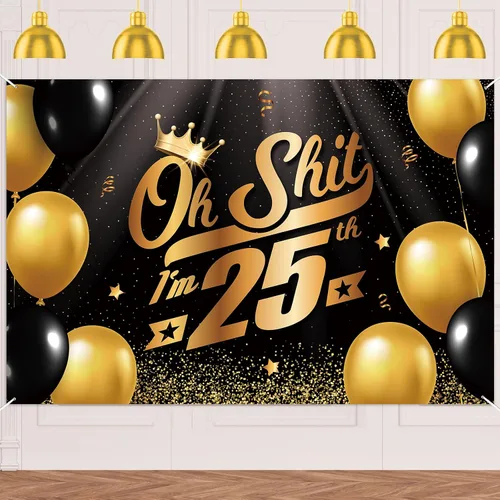 Vista 12 de Oh S*hit I'm 10th Banner telón de fondo negro dorado globos corona confeti Hallo Quince Cheers to 10 años decoración temática decoración para hombre