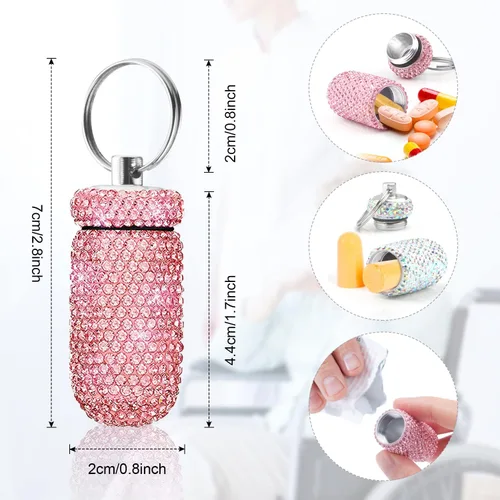 Vista 2 de Paquete de 2 pastilleros portátiles con diamantes de imitación, caja de pastillas, impermeable, organizador de medicamentos, botella con llavero