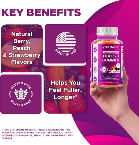 Vista 7 de Vitamatic Gomitas de fibra prebiótica para adultos – 7g de fibra por porción – 60 gomitas a base de pectina de fuerza extra, sin azúcar añadida