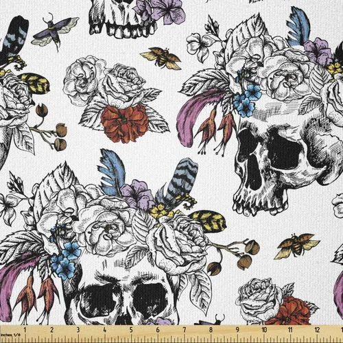 Vista 17 de Ambesonne The Yard, tela de calavera colorida con temática de Halloween, diseño de calavera y huesos cruzados, divertido estampado de dibujos