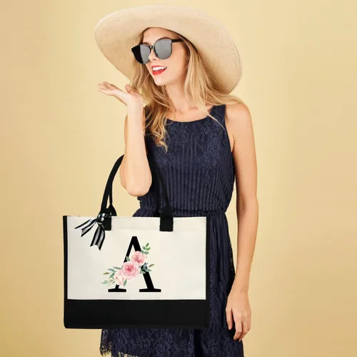 Vista 5 de Bolsa de lona personalizada con inicial para mujer, bolsa de playa con bolsillo interior con cremallera para bodas, cumpleaños, vacaciones