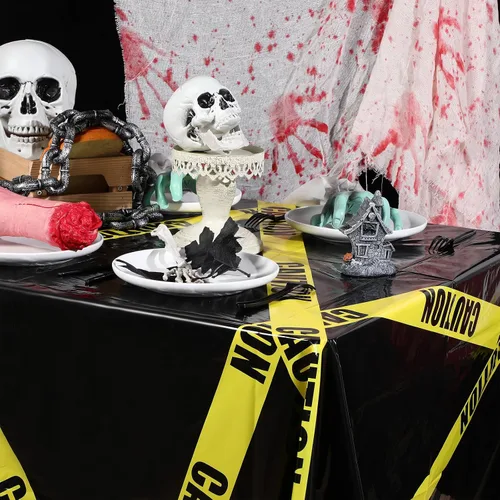 Vista 4 de Irenare 3 piezas de suministros de fiesta de cumpleaños de construcción de Halloween, cinta de precaución de plástico desechable, mantel de Negro