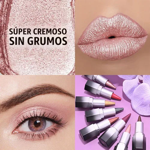 Vista 3 de evpct Combo de delineador de labios metálico rosa brillante y lápiz labial, lápiz labial con punta de cono para mujer, de larga duración