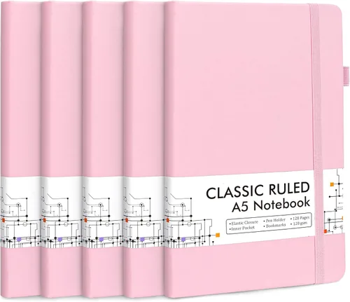 Vista 32 de feela Paquete de 5 cuadernos a granel, cuadernos de tapa dura clásicos rayados con soporte para bolígrafo para mujeres y niñas, suministros