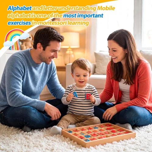 Vista 6 de Juexica Montessori Letters Movable Wood Alphabet with Box and Large Mat Small Wooden Alphabet Montessori Trays Preschool Spelling Learning Language