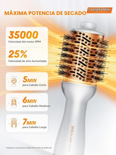 Vista 5 de SHEGLAM Mini cepillo secador de pelo, cepillo de aire caliente de viaje de doble voltaje de 120 V-240 V, cepillo secador de pelo de 35000 RPM con 2