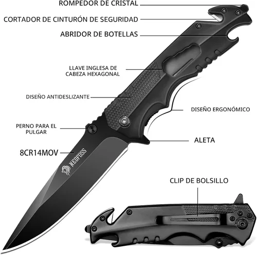 Vista 3 de NedFoss FA48 - Cuchillo de bolsillo para hombres, cuchillo plegable multiherramienta 5 en 1 con bloqueo de marco, abrebotellas, rompevidrios