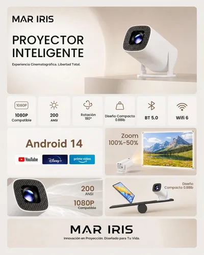 Vista 3 de Mini proyector portátil con WiFi Bluetooth, aplicaciones Android 14