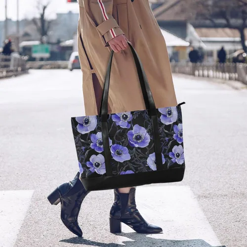 Vista 2 de Arte púrpura anémona flor negro esencial bolsa de computadora para las mujeres con cremallera bolsa de mano para viajeros con mujeres trabajo