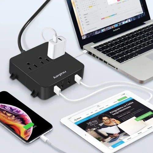 Vista 7 de Regleta de alimentación con USB - Regleta de alimentación de pared con 4 puertos USB y 3 tomas de corriente con interruptor de encendido/apagado