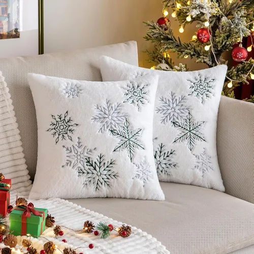 Vista 9 de MIULEE - Juego de 2 fundas de almohada decorativas de Navidad, de pelo sintético suave con bordado de copos de nieve, almohadas lindas de invierno