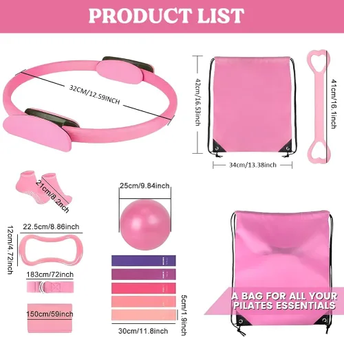 Vista 6 de Juego de anillos de pilates de 13 piezas, kit de pilates para mujer, accesorios de equipo de ejercicio, deformación, círculo mágico con asas Rosa