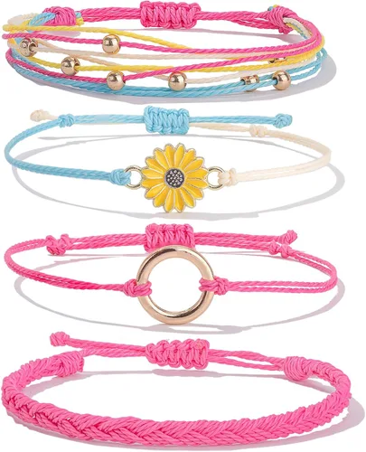 Vista 27 de Pulsera de cuerda trenzada hecha a mano con diseño de girasol para adolescentes y mujeres Beige