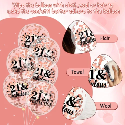 Vista 7 de Globos de cumpleaños número 21, 18 globos de oro rosa y negro 2004, decoraciones de fiesta de cumpleaños 21 para mujeres, globos de látex de confeti