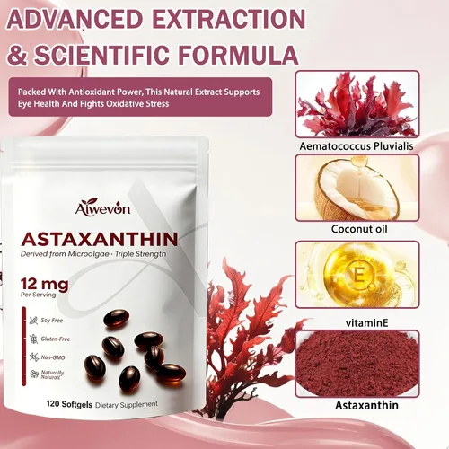 Vista 3 de Suplemento de astaxantina de 12 mg de cápsulas blandas, astaxantina natural de microalgas con aceite MCT para absorción, potente apoyo antioxidante